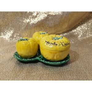 Vintage Ceramic Salt Pepper Mustard Set, 4 Piece, Fruit Veggie, Wiarton CA